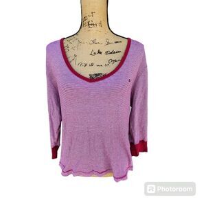 Tommy Hilfiger V Neck Striped Three Quarter Length Sleeve Top Womens SZ XL Beach